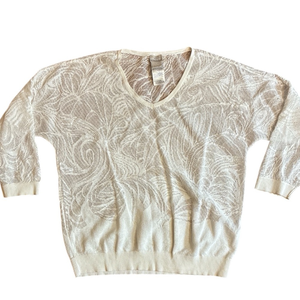 Chico’s Lightweight Jacquard White Sweater Size 1 Medium Lace Beach - Picture 3 of 9